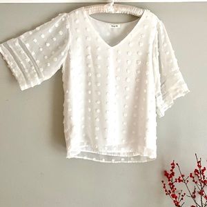 Festive white pompon top bell sleeve sheer lined M